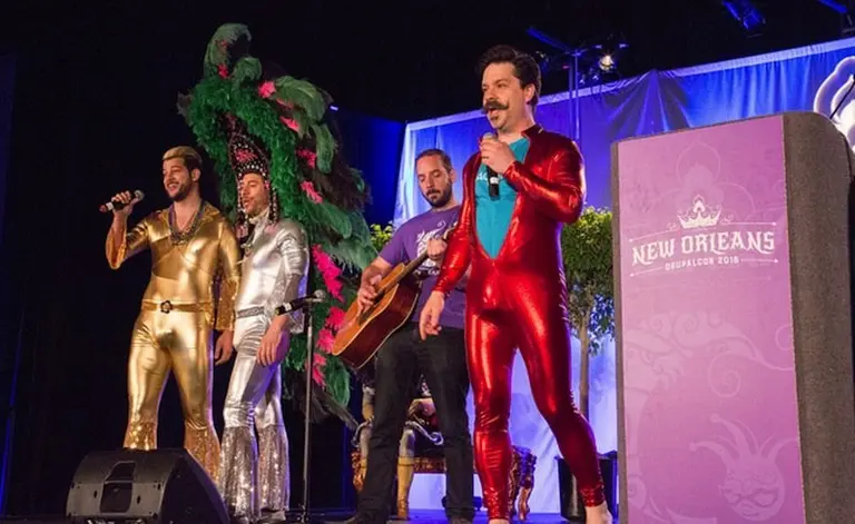 The funny pre-keynote. Even man in tights are considered a form of a contribution in DrupalCon land