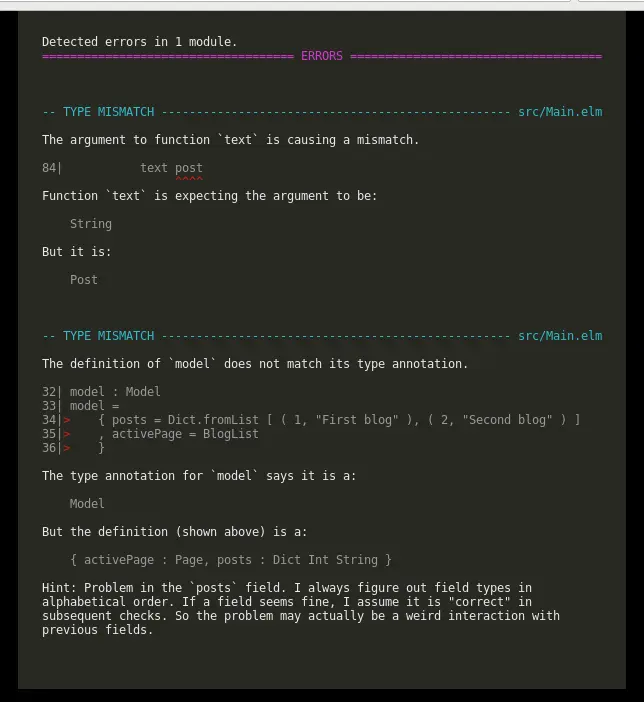 Elm compiler helps us find the errors