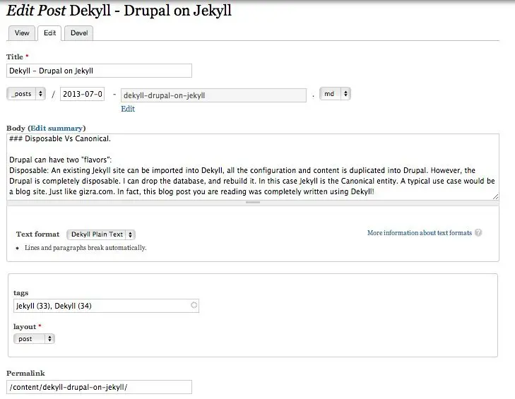After saving the node, Dekyll will export it to Jekyll format