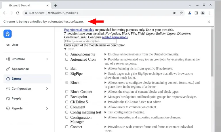 NoVNC connection displaying nightwatch tests.