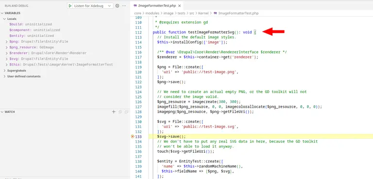 Visual Studio Code debugging a Drupal core test execution.