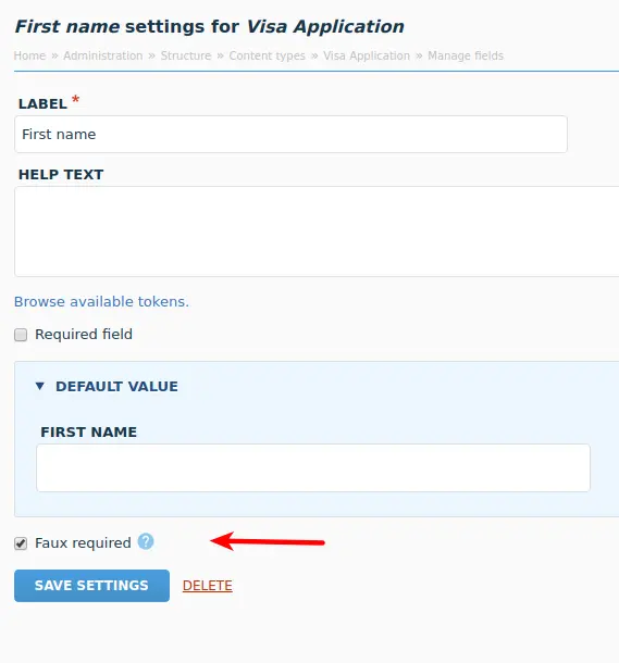 Faux required setting in the field configuration page.