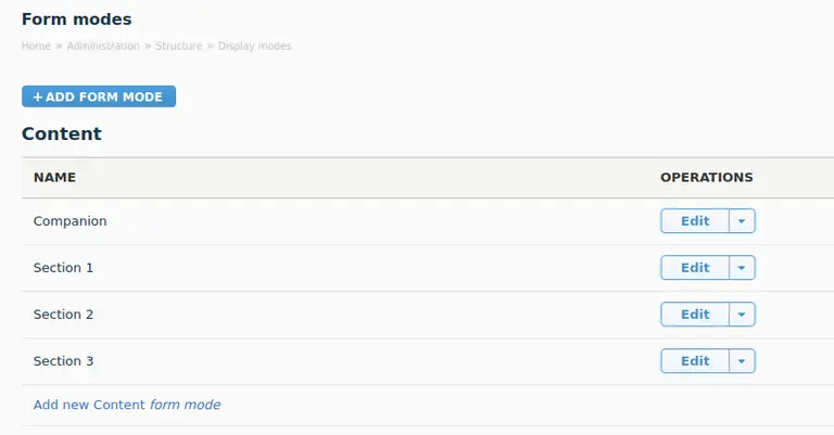Form modes configuration page.