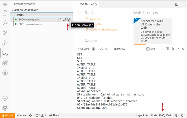 Available ports on GitPod.