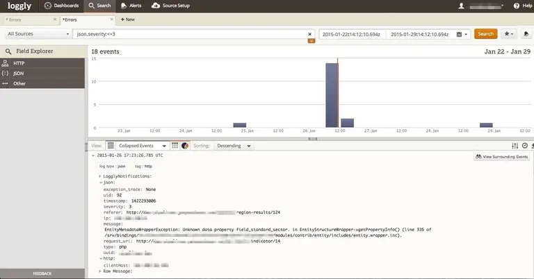 A saved search in Loggly - get all the errors with severity of <code>error</code> or higher