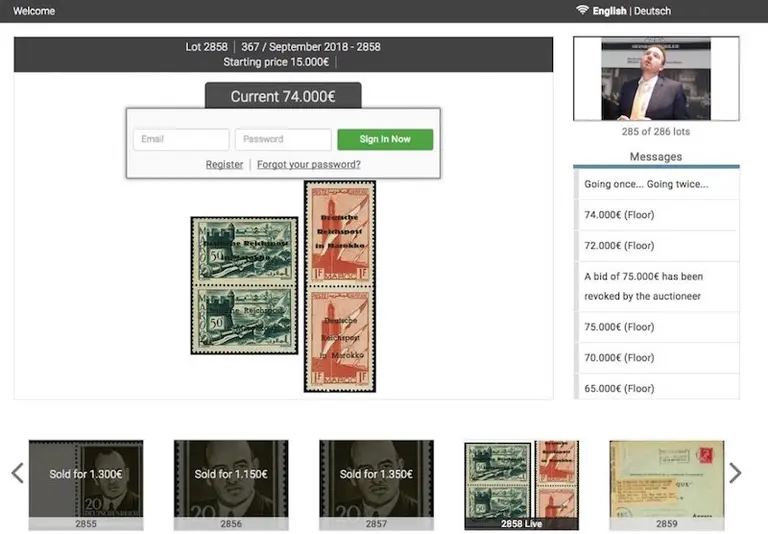 Screenshot of the live auction webapp, built with Elm. A stamp is being sold in real time for lots of Euros!