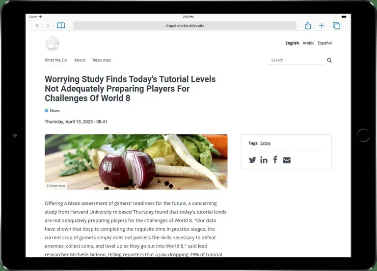 An example News node on a fresh Drupal starter
