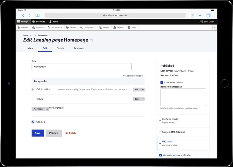 Landing page node edit, showing Paragraphs.