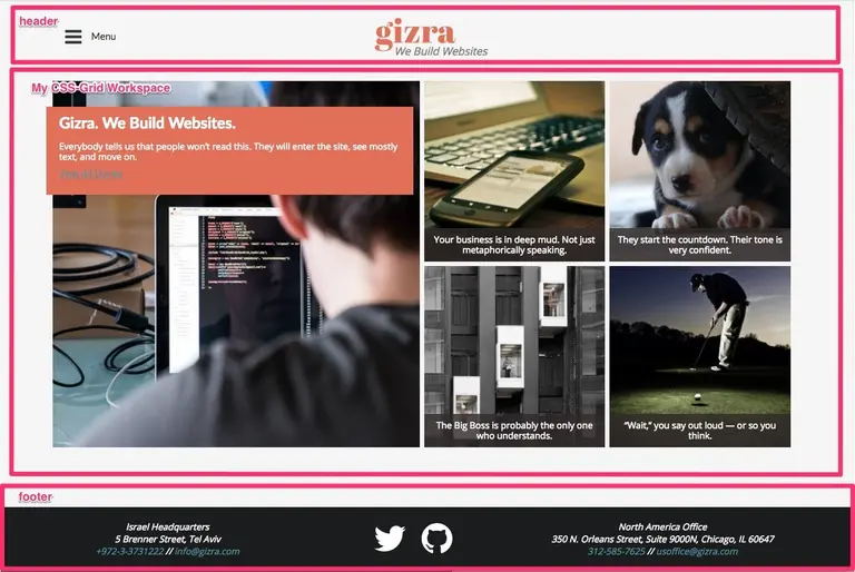 CSS-Grid allows you to work on discrete areas of layout -- in this case a homepage featured block is My CSS-Grid workspace..