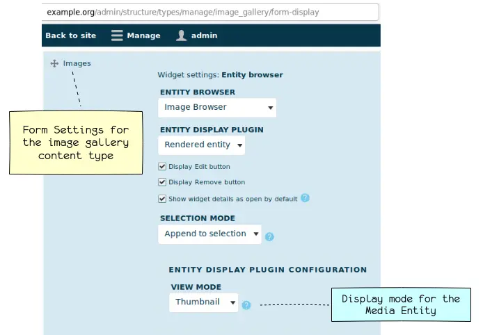 Here we are configuring the entity reference widget of the Gallery content type.