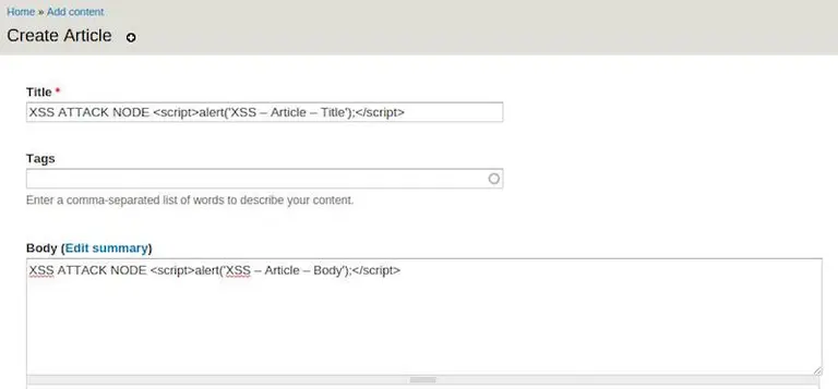 XSS on the title and body fields of an article